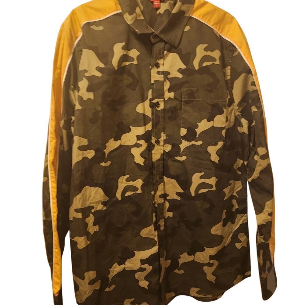 Guess Camouflage Striped Shirt Men's XL Long Sleeve NWOT Green Yellow